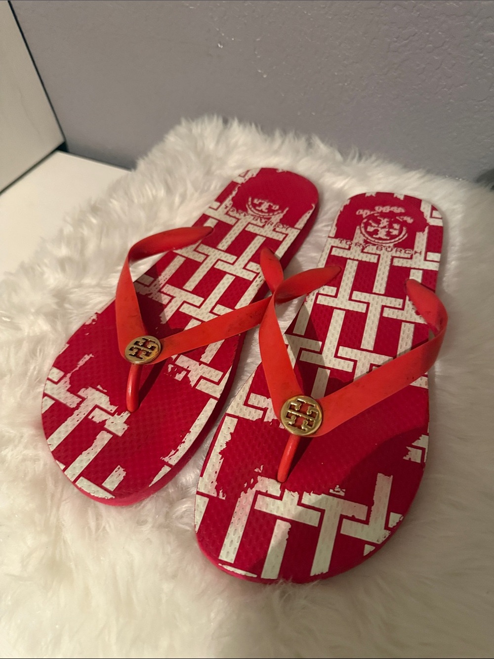 Tory Burch Red Flip-Flops with Gold Logo